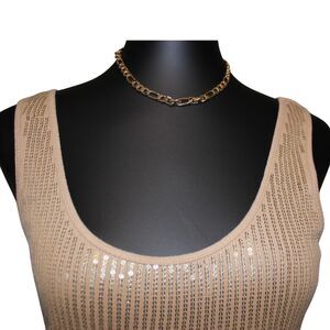 Y2K Express Sequin Tank Top Gold Beige Stretch Sparkly Camisole